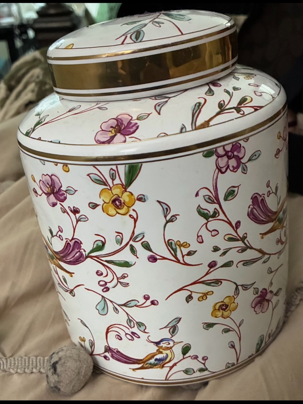 Floral Porcelain Decorative Canister - White with Purple & Yellow Floral Design